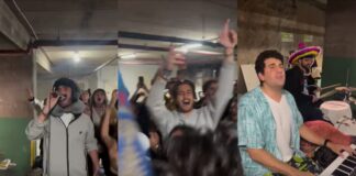 Jóvenes israelíes cantan y festejan en refugio antiaéreo